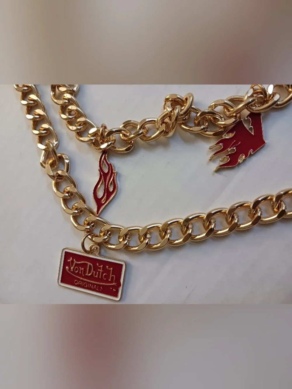 VON DUTCH Double Chain CHARM Belt Gold-tone Enamel Eyeball Flames Size S/M New